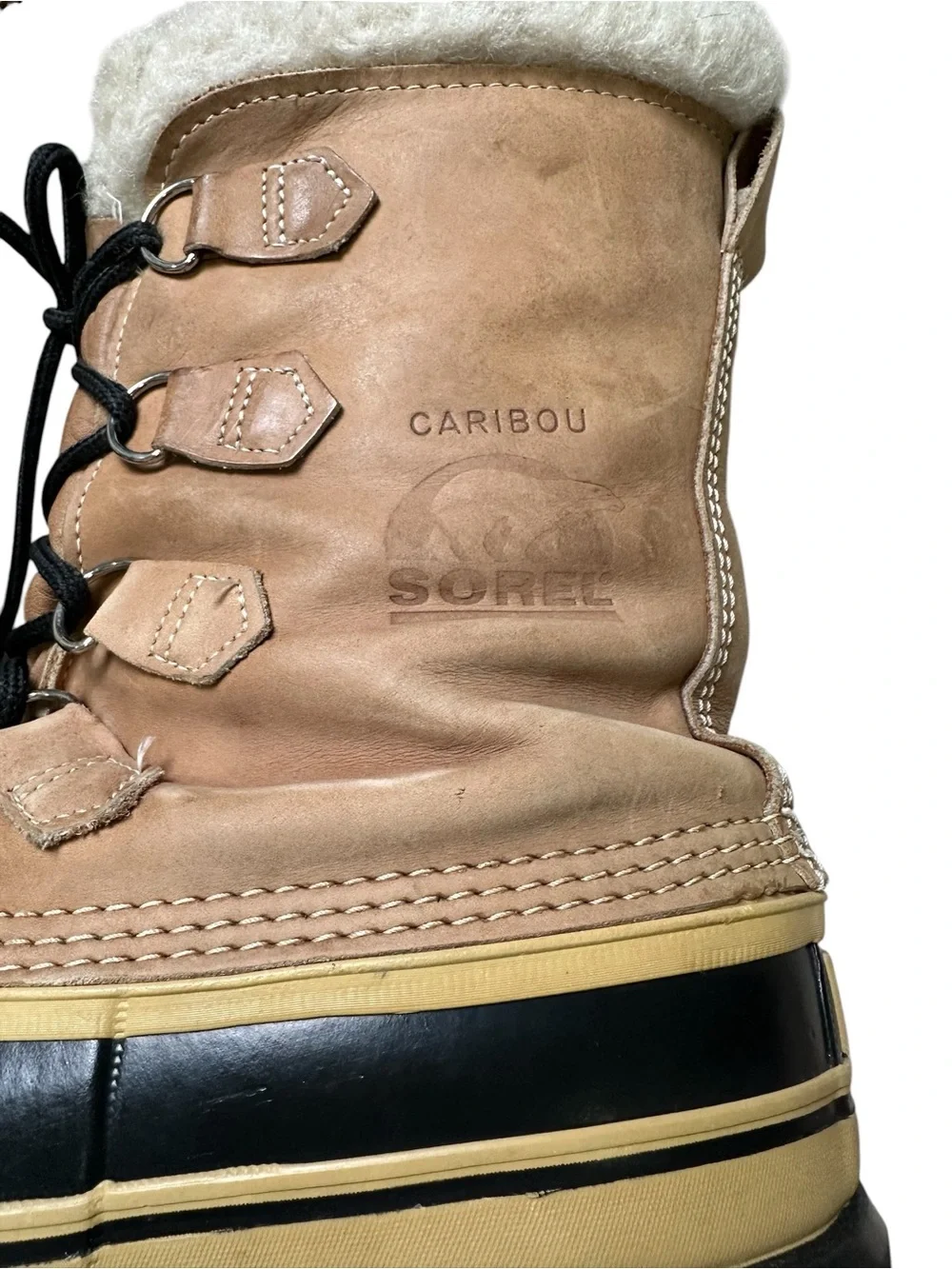 Sorel Men’s 9 Tan & Black Kaufman Canada Leather Wool Caribou Winter Snow Boot